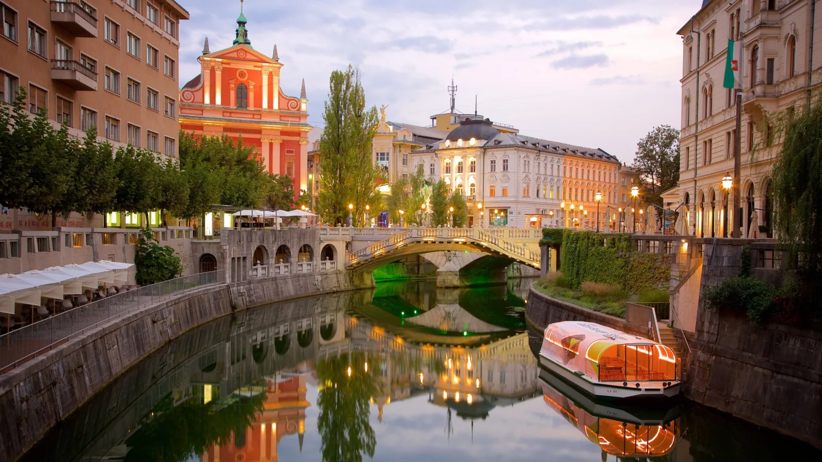 Ljubljanica river, Triple Bridge, and city centre in Ljubljana, Slovenia