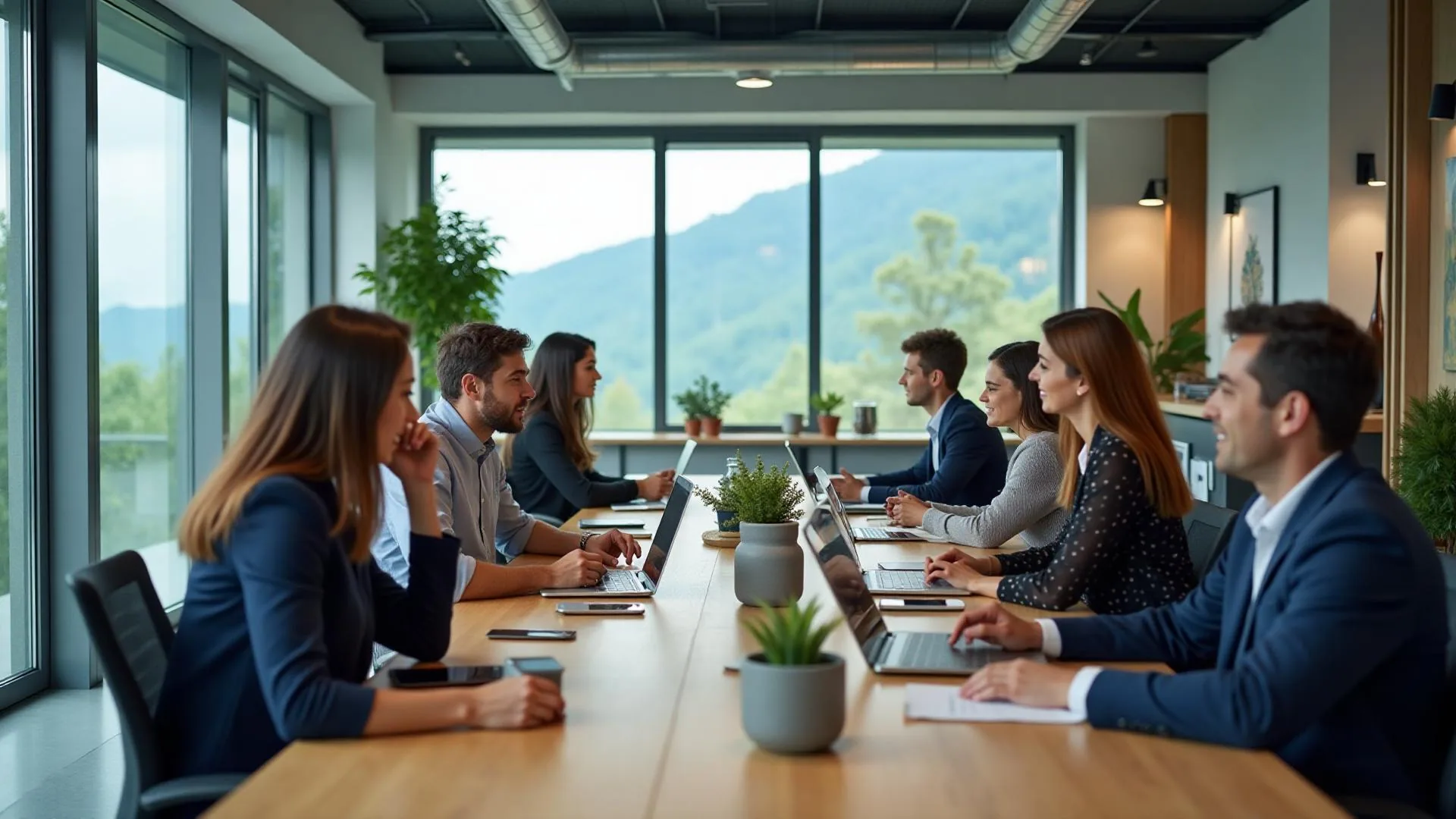 International professionals working in modern Slovenian office with mountain views